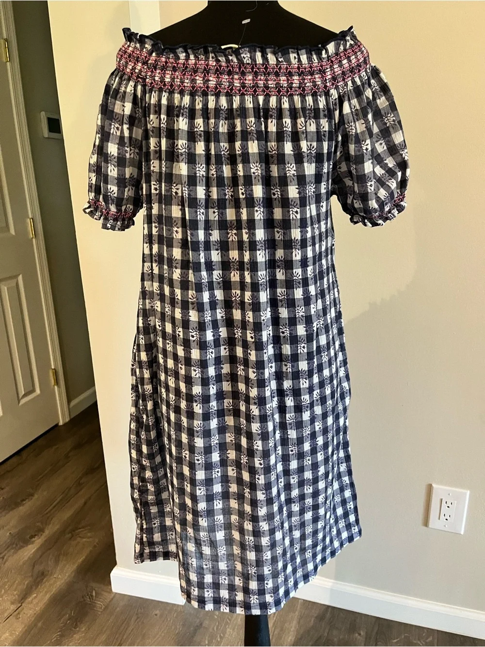 Tuckernuck Navy Gingham Off Shoulder Dress Sz S EUC